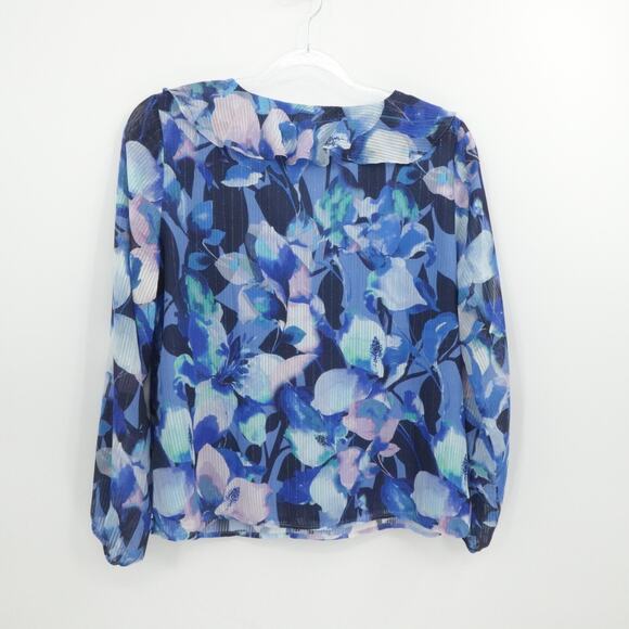 Soft‎ Surroundings Shirt Womens Large Blue Floral Ruffle Corpcore Chiffon V Neck - Picture 2 of 13